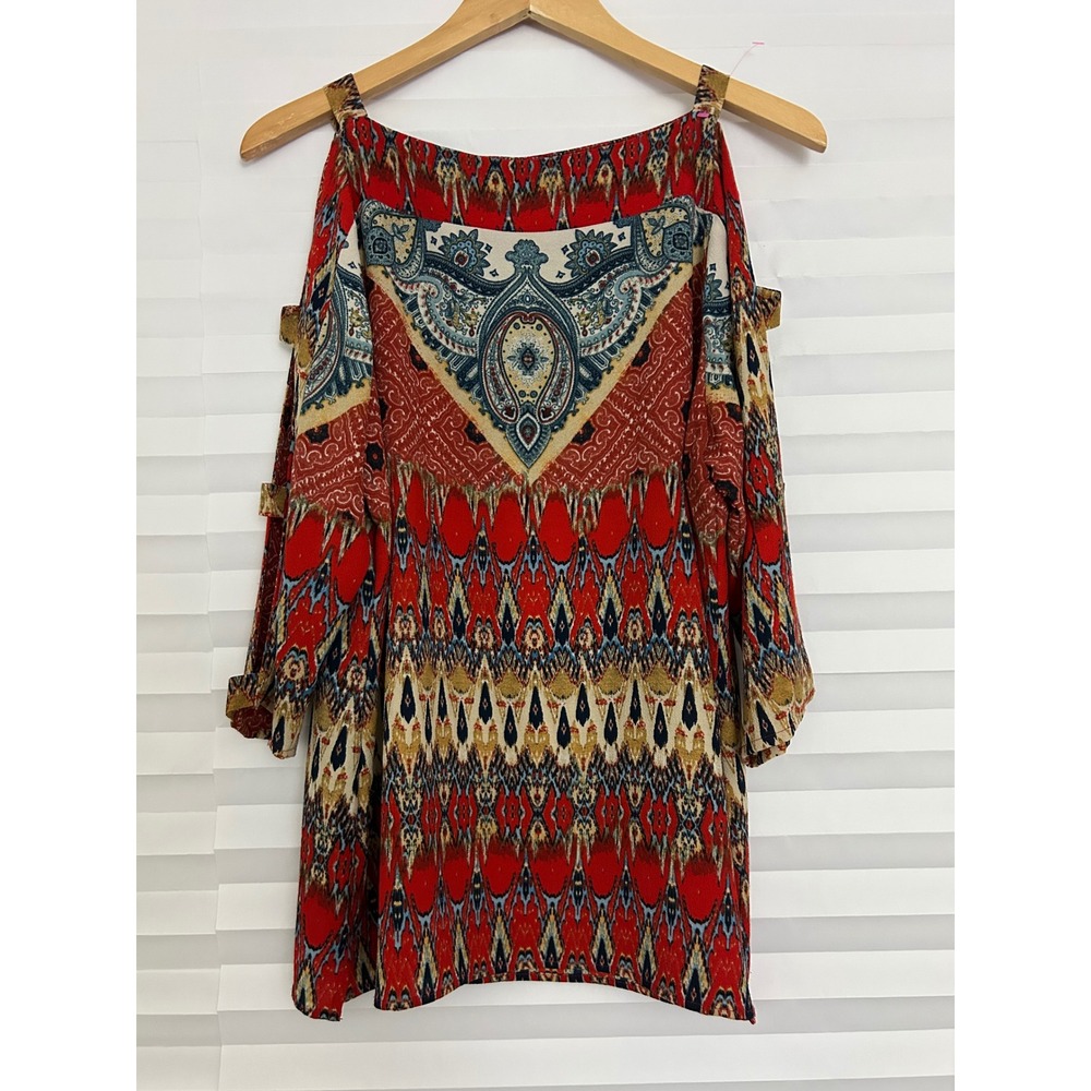 Fig and Flower Red Paisley Ikat Strappy Cold Shoulder Boho Blouse L Festival